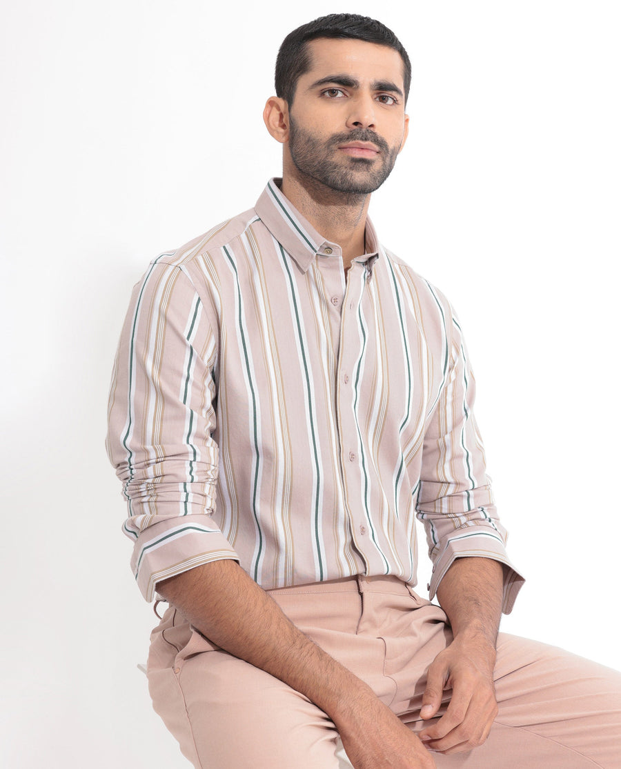 Rare Rabbit Men's Fushion Dusky Pink Cotton Striped Print Regular Fit Full Sleeve Collared Shirt