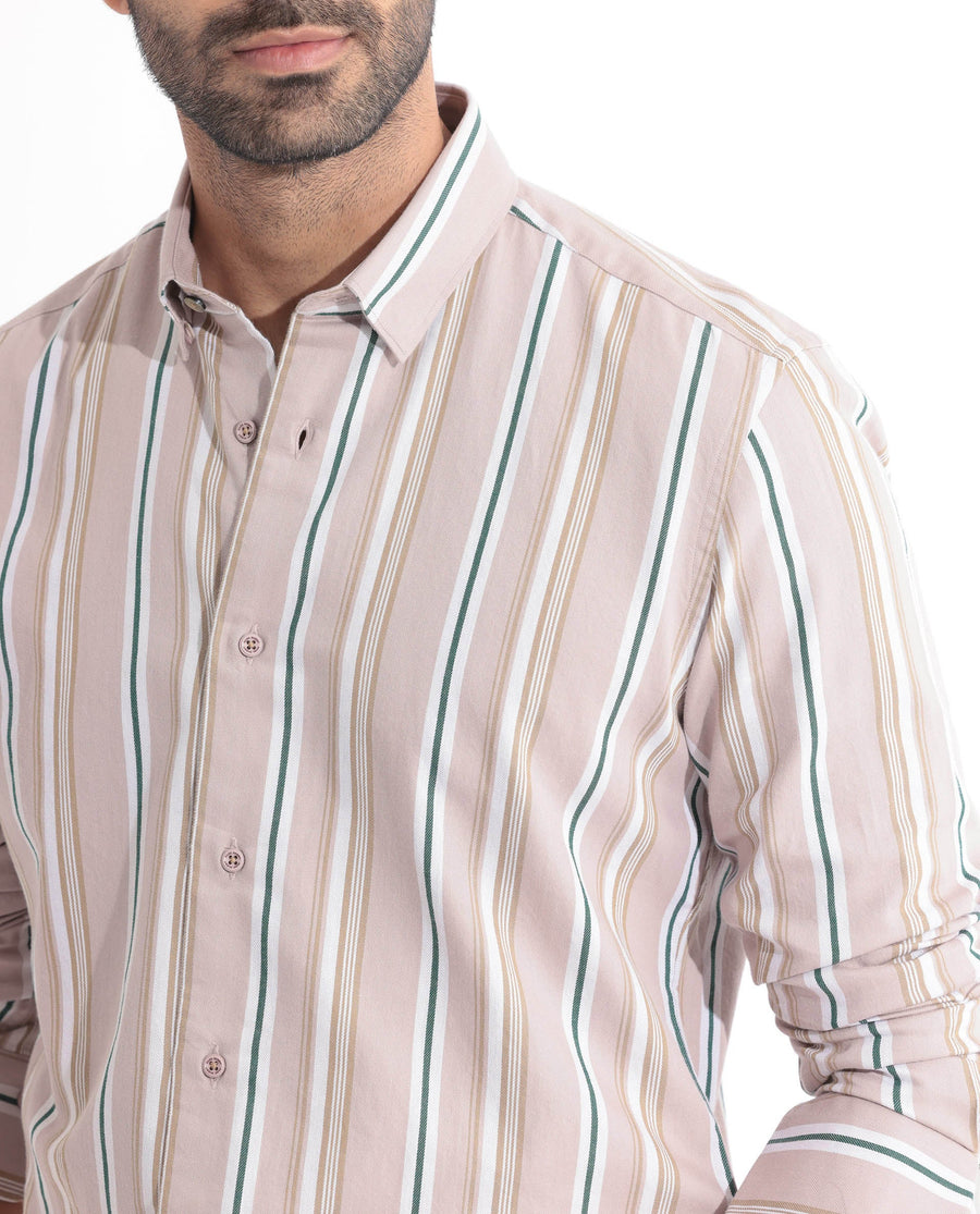 Rare Rabbit Men's Fushion Dusky Pink Cotton Striped Print Regular Fit Full Sleeve Collared Shirt