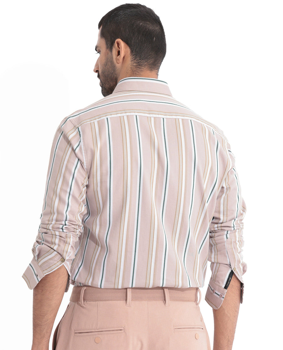 Rare Rabbit Men's Fushion Dusky Pink Cotton Striped Print Regular Fit Full Sleeve Collared Shirt