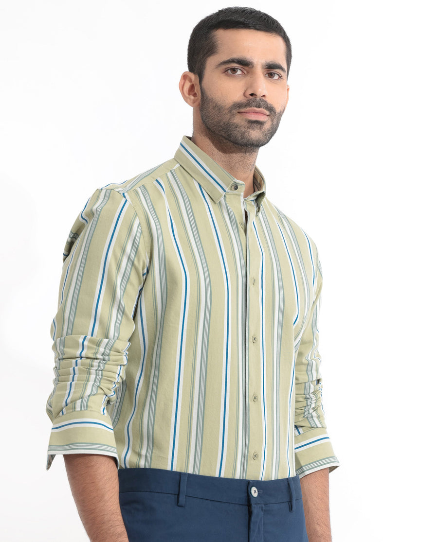 Rare Rabbit Men's Fushion Dusky Green Cotton Striped Print Regular Fit Full Sleeve Collared Shirt