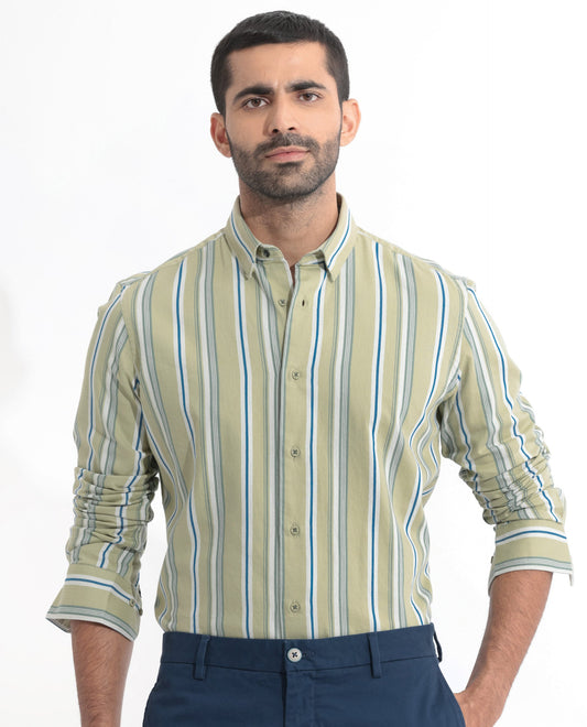 Rare Rabbit Men's Fushion Dusky Green Cotton Striped Print Regular Fit Full Sleeve Collared Shirt