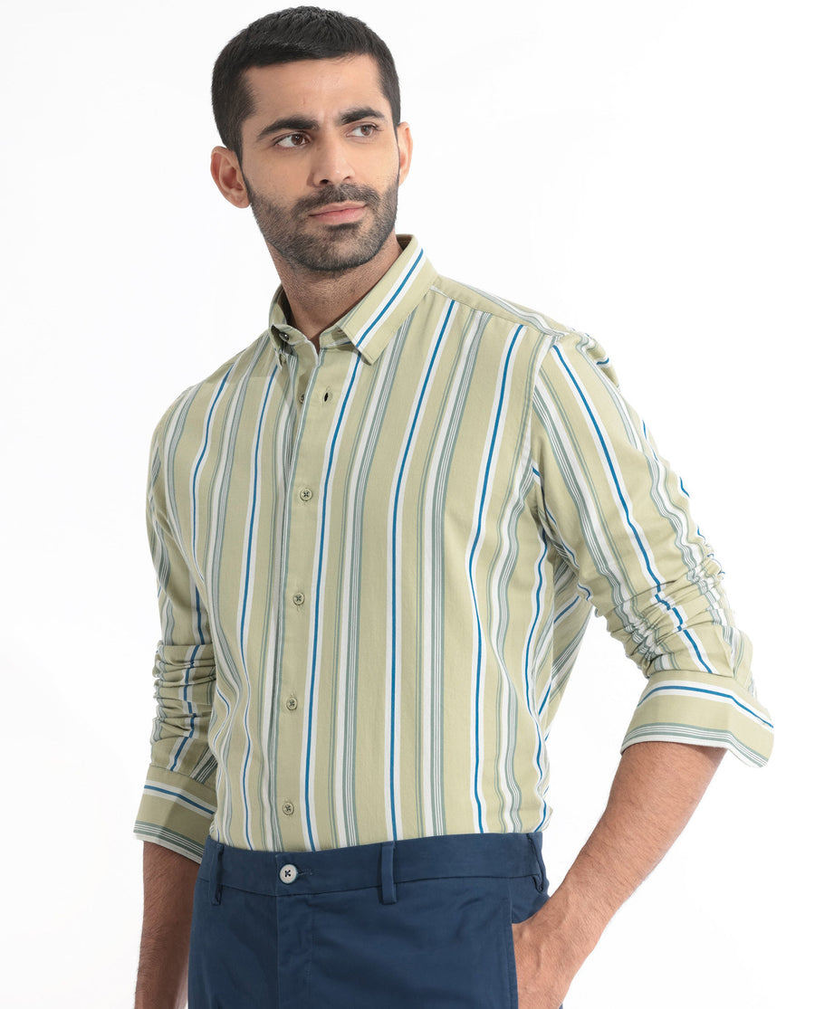 Rare Rabbit Men's Fushion Dusky Green Cotton Striped Print Regular Fit Full Sleeve Collared Shirt