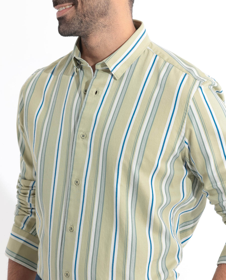Rare Rabbit Men's Fushion Dusky Green Cotton Striped Print Regular Fit Full Sleeve Collared Shirt