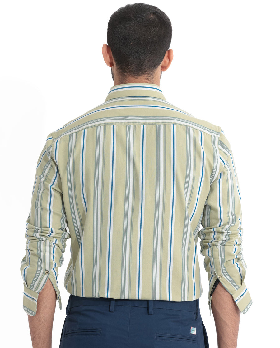 Rare Rabbit Men's Fushion Dusky Green Cotton Striped Print Regular Fit Full Sleeve Collared Shirt