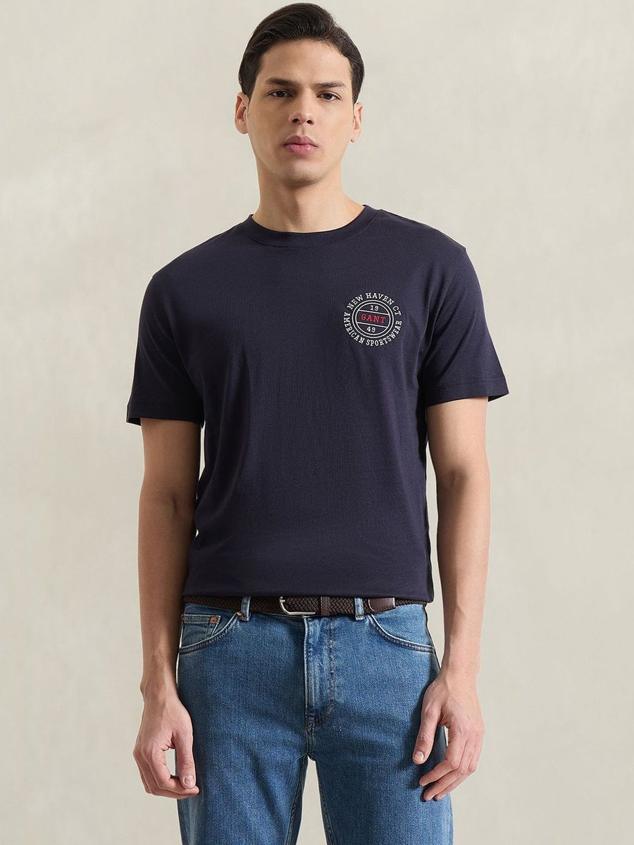 Gant Men Navy Blue Solid Regular Fit Pure Cotton T-Shirt