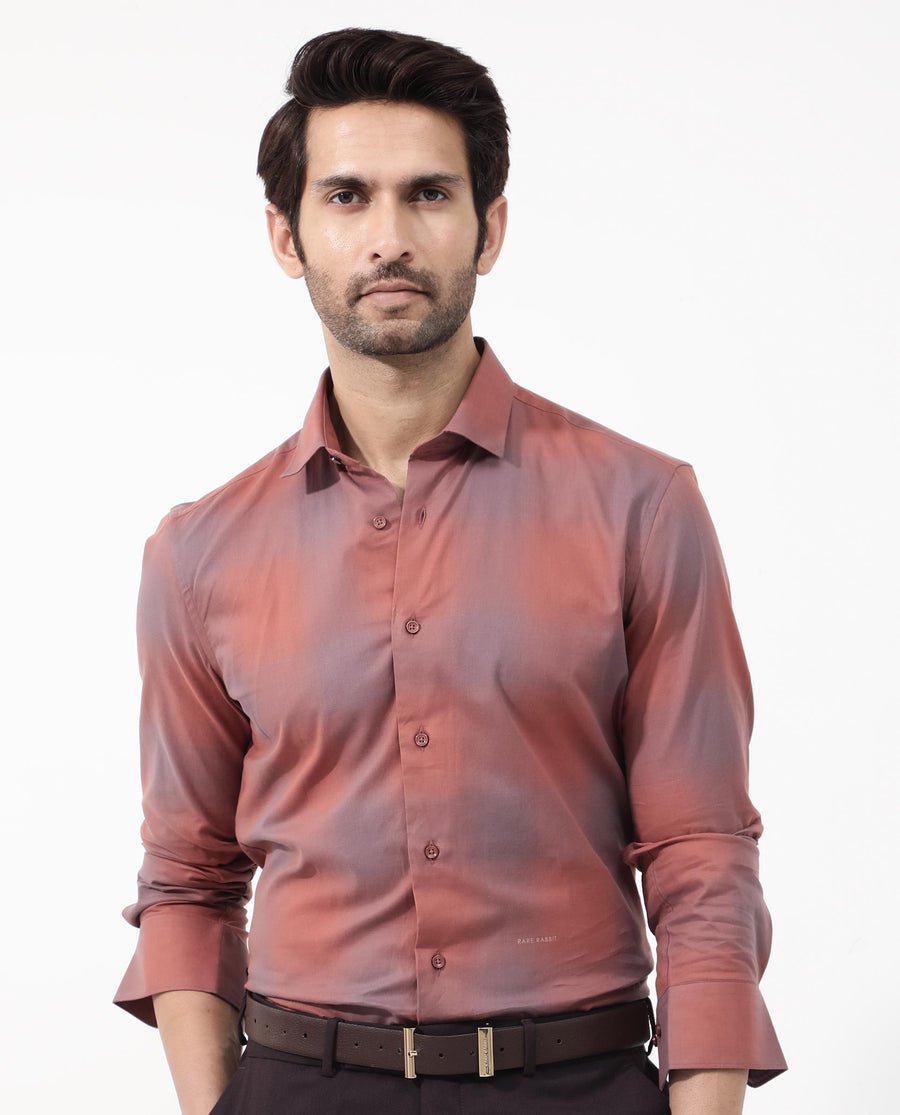 Rare Rabbit Men's Gabin Light Rust Cotton Checked Print Regular Fit Full Sleeve Collared Shirt