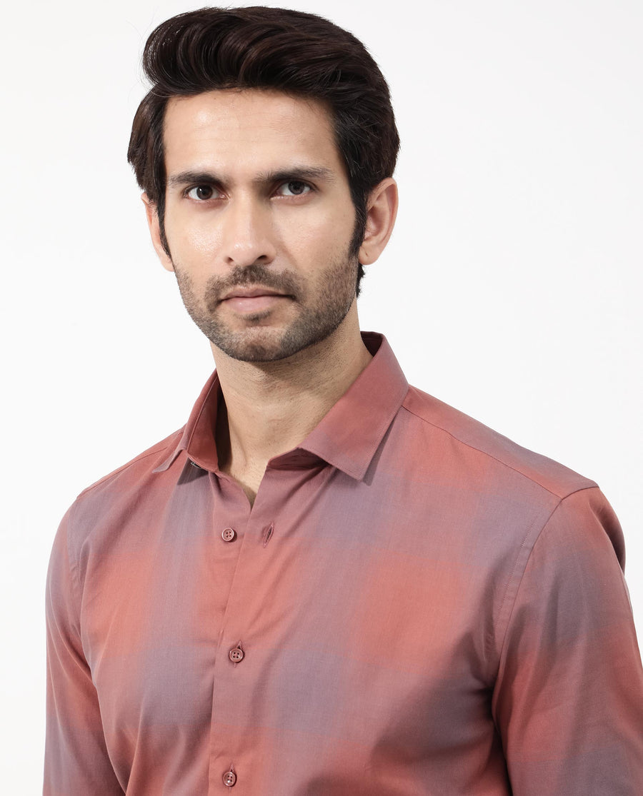 Rare Rabbit Men's Gabin Light Rust Cotton Checked Print Regular Fit Full Sleeve Collared Shirt