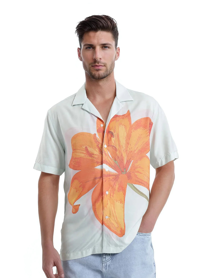 Rare Rabbit Men's Gacrux Pastel Green Cotton Floral Print Boxy Fit Half Sleeve Cuban Collar Shirt