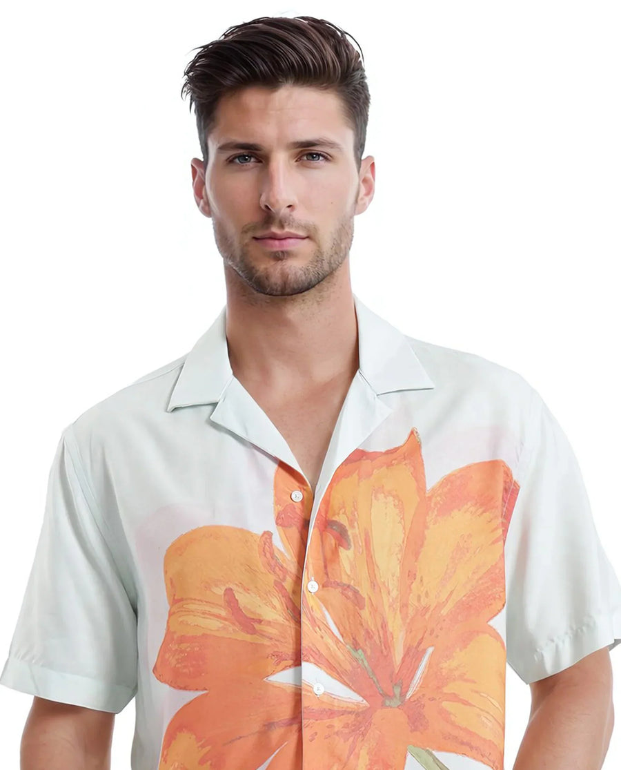 Rare Rabbit Men's Gacrux Pastel Green Cotton Floral Print Boxy Fit Half Sleeve Cuban Collar Shirt
