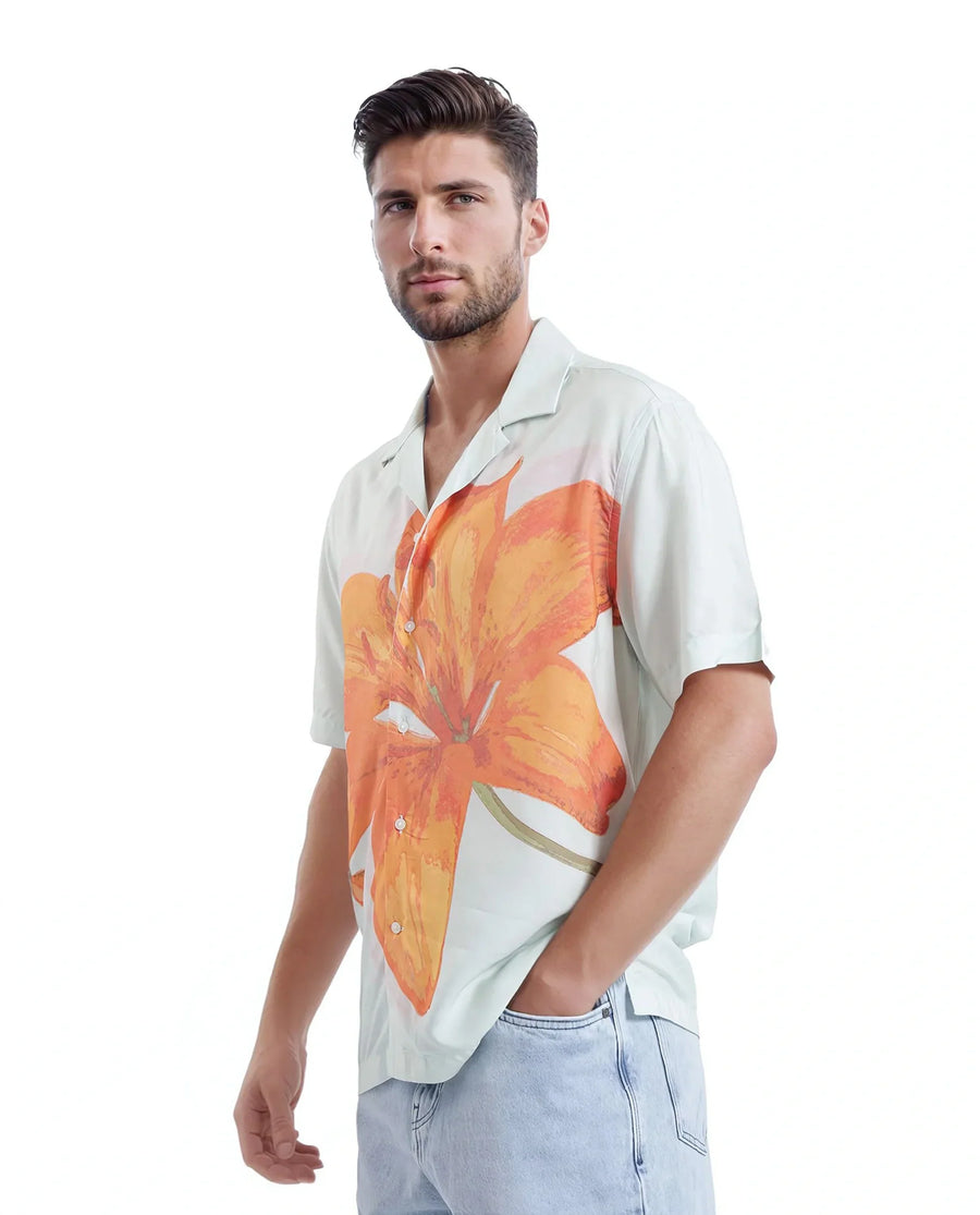Rare Rabbit Men's Gacrux Pastel Green Cotton Floral Print Boxy Fit Half Sleeve Cuban Collar Shirt