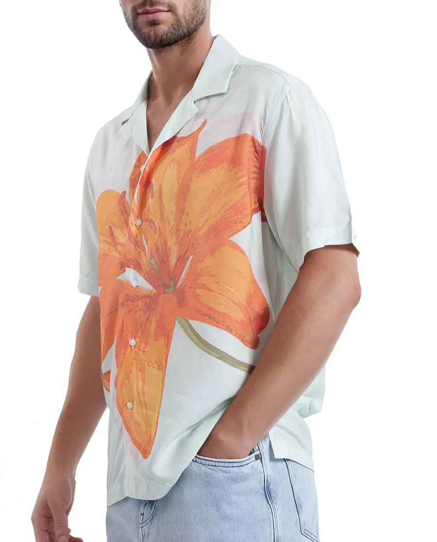 Rare Rabbit Men's Gacrux Pastel Green Cotton Floral Print Boxy Fit Half Sleeve Cuban Collar Shirt