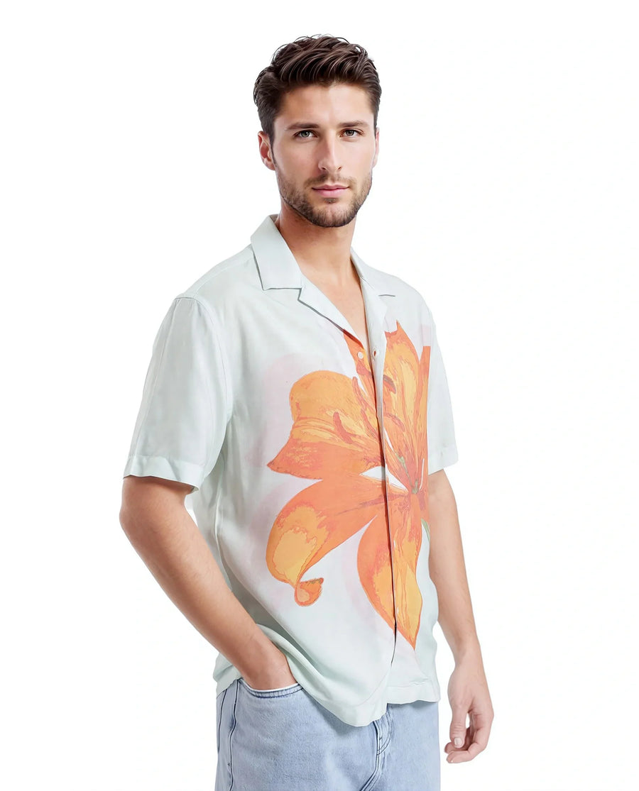 Rare Rabbit Men's Gacrux Pastel Green Cotton Floral Print Boxy Fit Half Sleeve Cuban Collar Shirt