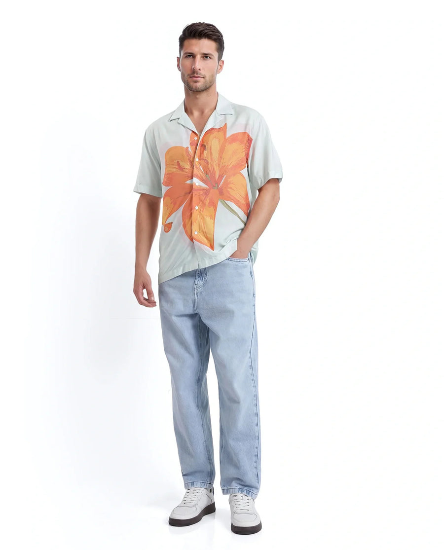 Rare Rabbit Men's Gacrux Pastel Green Cotton Floral Print Boxy Fit Half Sleeve Cuban Collar Shirt