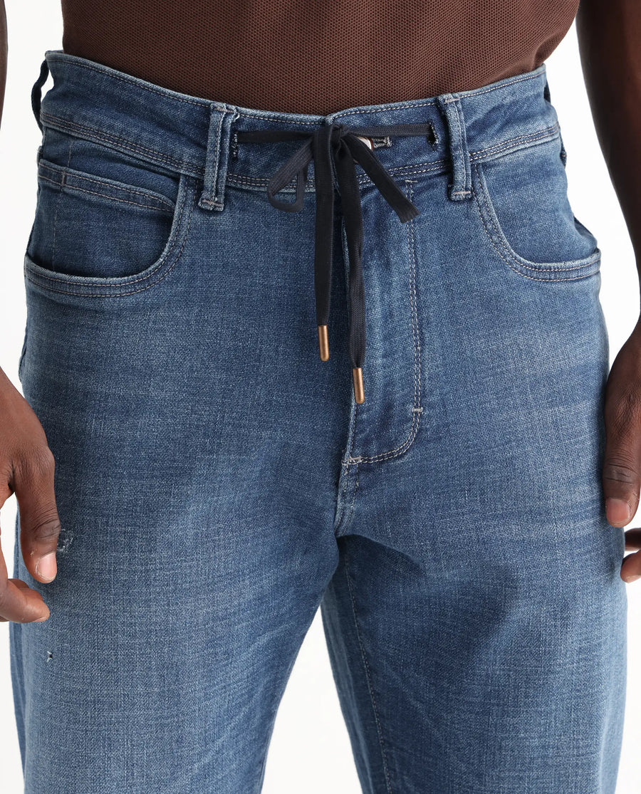 Rare Rabbit Men's Gala Blue Cotton Blend Plain Morris Regular Fit Jeans
