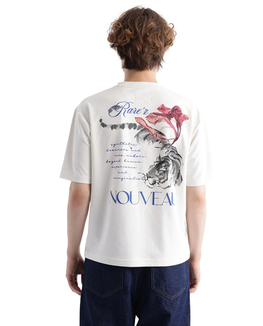 Rare Rabbit Men's Galen Off White Cotton Graphic Print Boxy Fit Half Sleeve Crew Neck T-Shirt