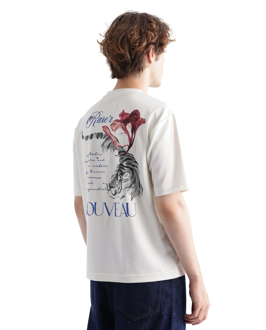 Rare Rabbit Men's Galen Off White Cotton Graphic Print Boxy Fit Half Sleeve Crew Neck T-Shirt