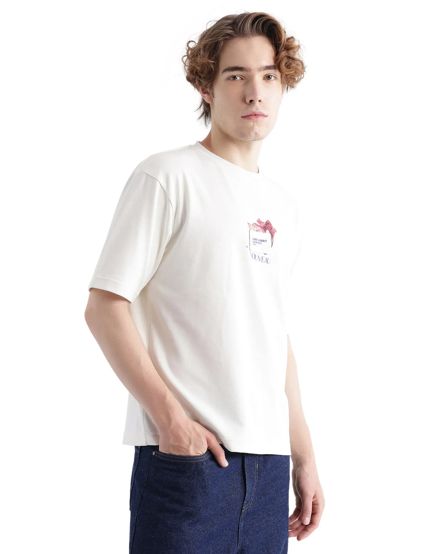 Rare Rabbit Men's Galen Off White Cotton Graphic Print Boxy Fit Half Sleeve Crew Neck T-Shirt