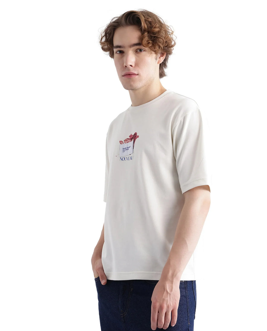 Rare Rabbit Men's Galen Off White Cotton Graphic Print Boxy Fit Half Sleeve Crew Neck T-Shirt