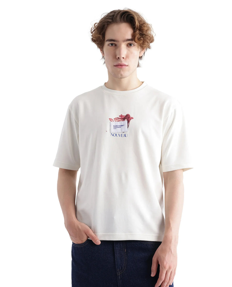 Rare Rabbit Men's Galen Off White Cotton Graphic Print Boxy Fit Half Sleeve Crew Neck T-Shirt