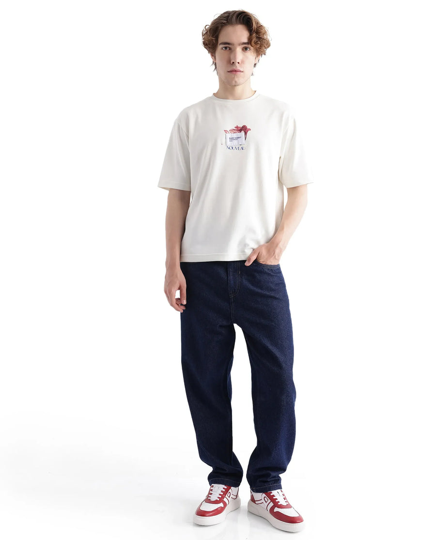 Rare Rabbit Men's Galen Off White Cotton Graphic Print Boxy Fit Half Sleeve Crew Neck T-Shirt
