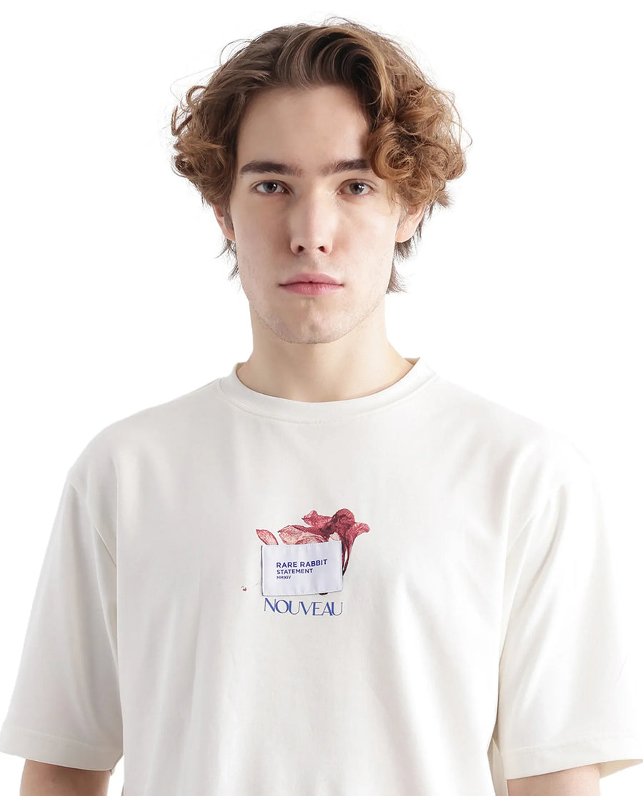 Rare Rabbit Men's Galen Off White Cotton Graphic Print Boxy Fit Half Sleeve Crew Neck T-Shirt