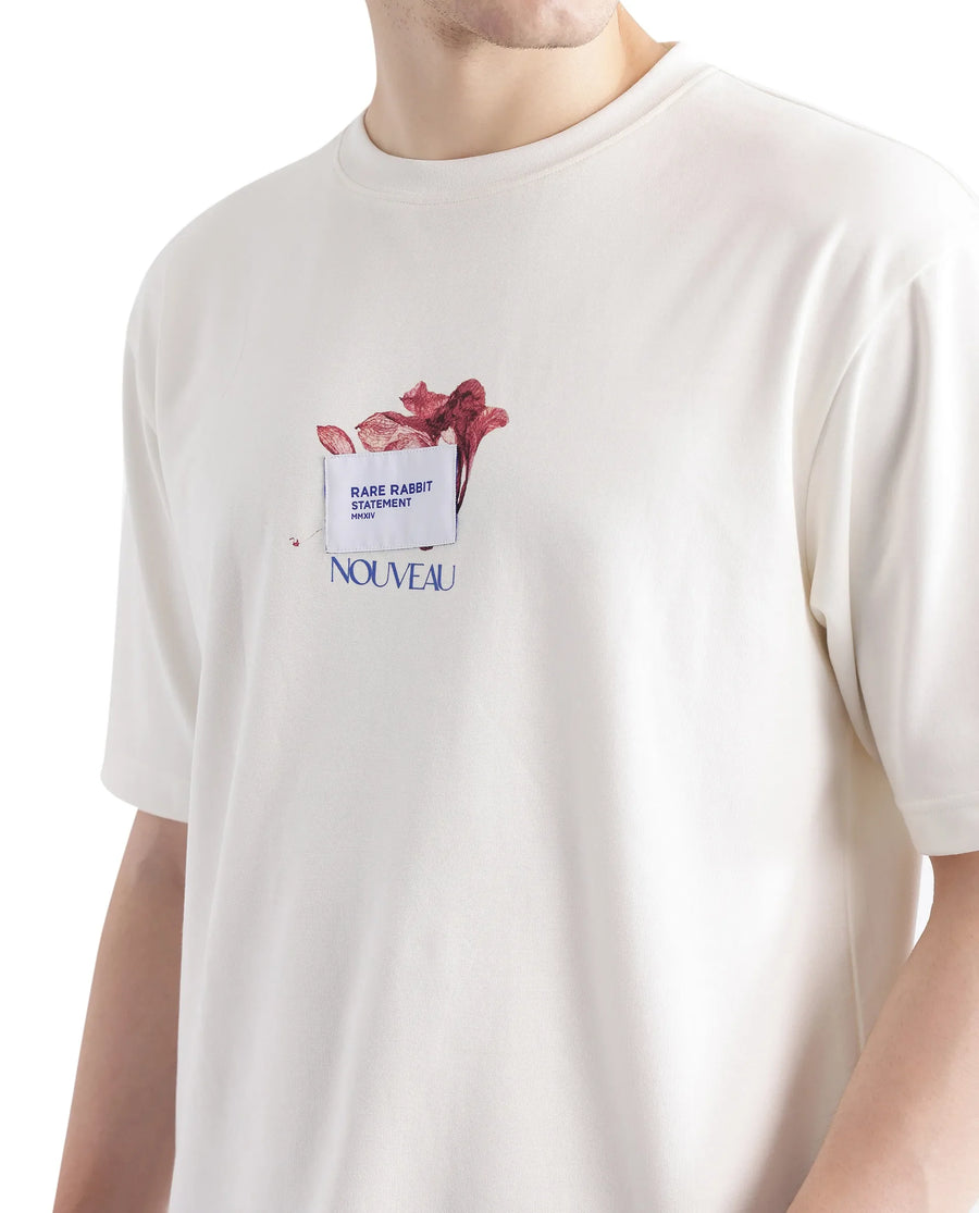 Rare Rabbit Men's Galen Off White Cotton Graphic Print Boxy Fit Half Sleeve Crew Neck T-Shirt