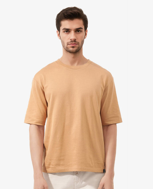 Rare Rabbit Men's Gallos Mustard Cotton Plain Oversized Fit Half Sleeve Crew Neck T-Shirt