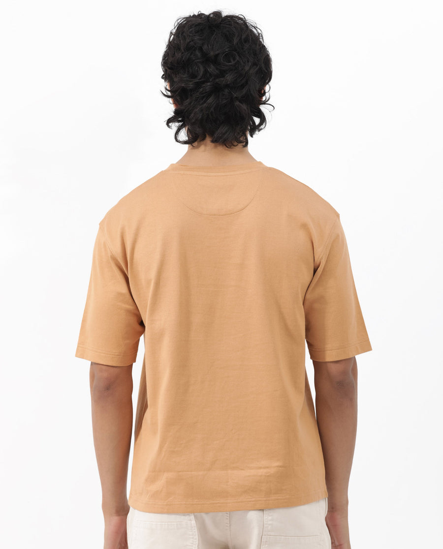 Rare Rabbit Men's Gallos Mustard Cotton Plain Oversized Fit Half Sleeve Crew Neck T-Shirt