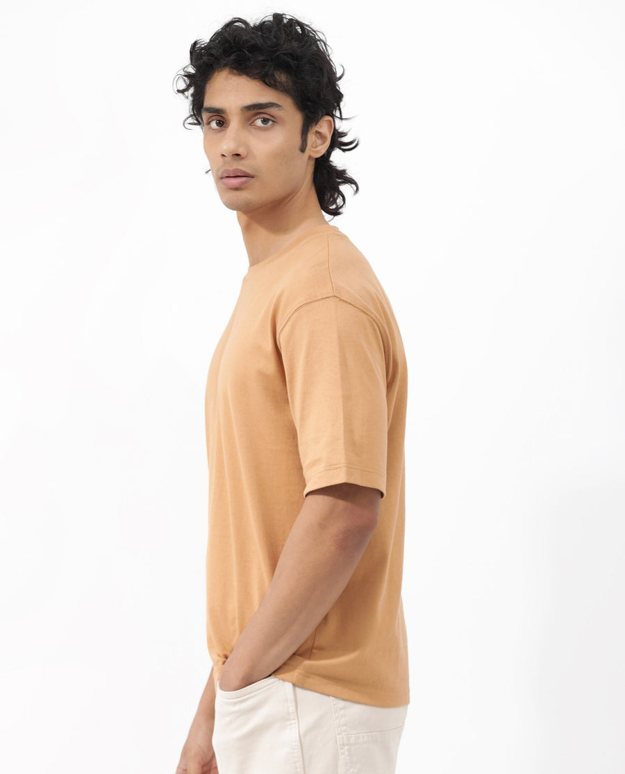 Rare Rabbit Men's Gallos Mustard Cotton Plain Oversized Fit Half Sleeve Crew Neck T-Shirt