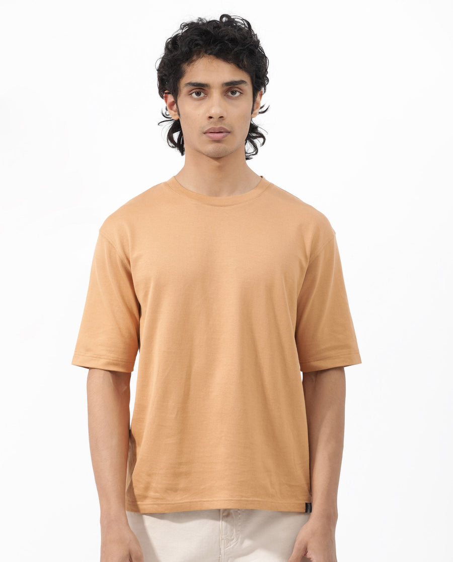 Rare Rabbit Men's Gallos Mustard Cotton Plain Oversized Fit Half Sleeve Crew Neck T-Shirt