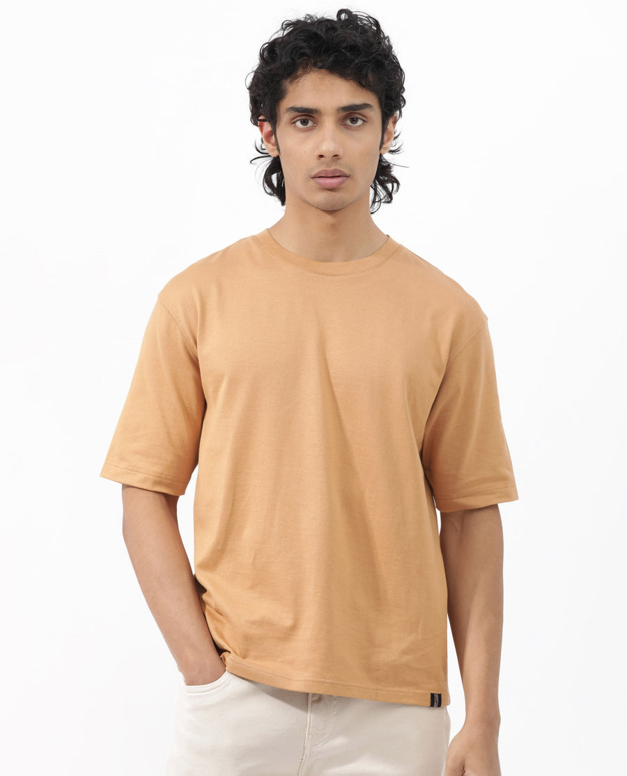 Rare Rabbit Men's Gallos Mustard Cotton Plain Oversized Fit Half Sleeve Crew Neck T-Shirt
