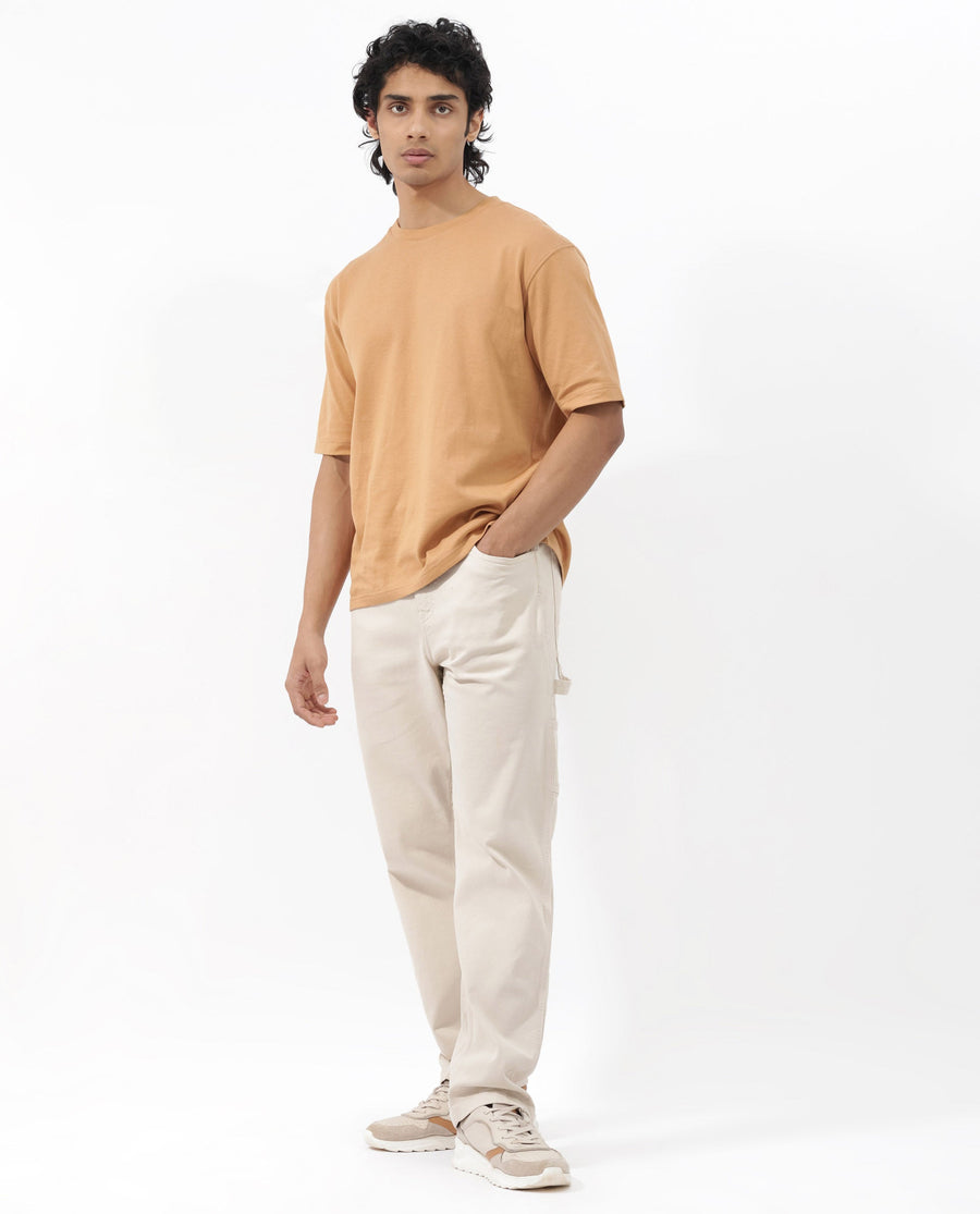 Rare Rabbit Men's Gallos Mustard Cotton Plain Oversized Fit Half Sleeve Crew Neck T-Shirt