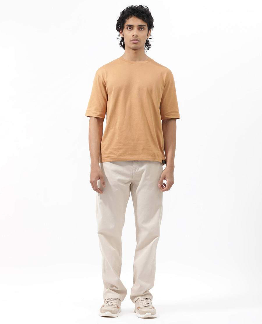 Rare Rabbit Men's Gallos Mustard Cotton Plain Oversized Fit Half Sleeve Crew Neck T-Shirt