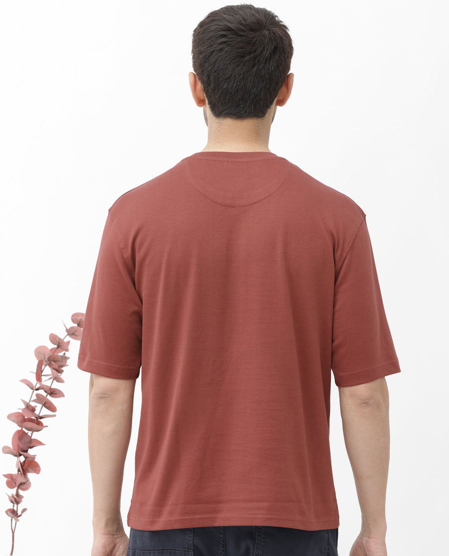 Rare Rabbit Men's Gallos Rust Cotton Plain Oversized Fit Half Sleeve Crew Neck T-Shirt
