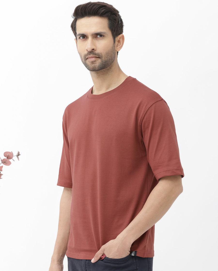 Rare Rabbit Men's Gallos Rust Cotton Plain Oversized Fit Half Sleeve Crew Neck T-Shirt