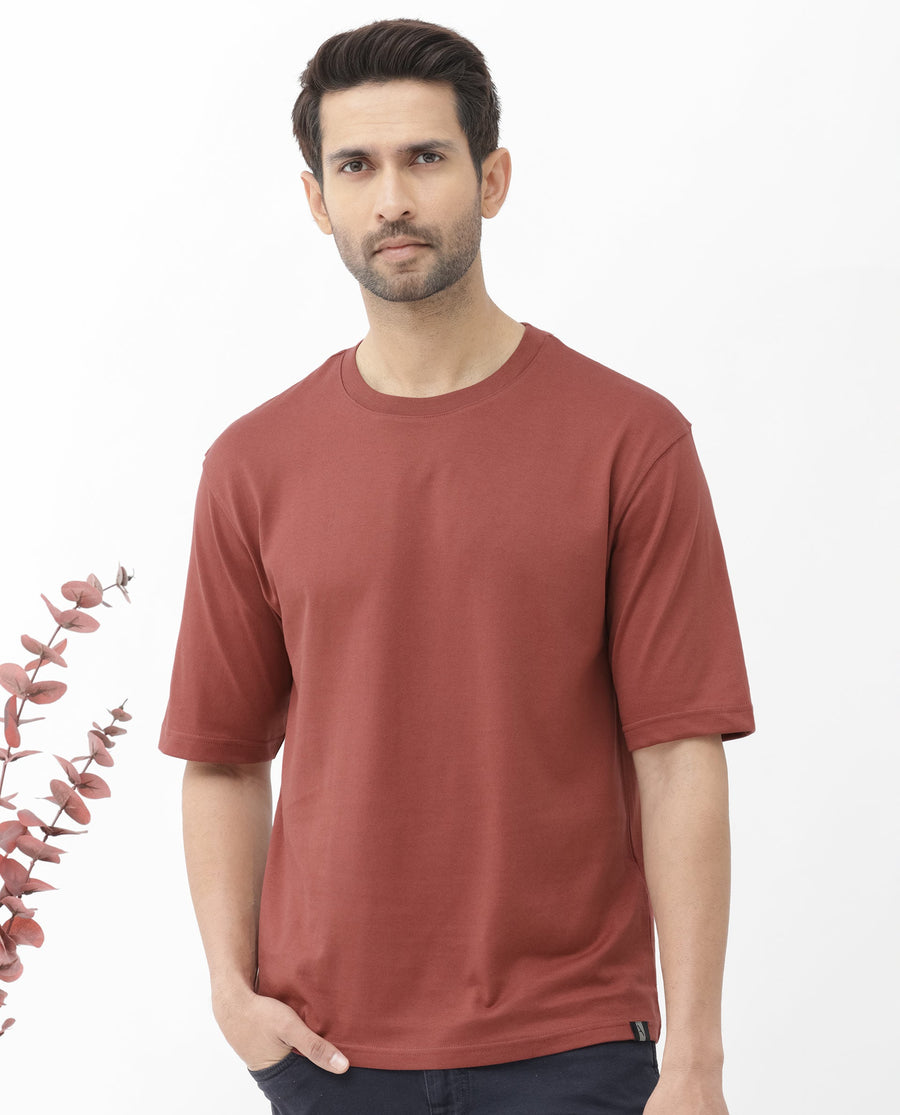 Rare Rabbit Men's Gallos Rust Cotton Plain Oversized Fit Half Sleeve Crew Neck T-Shirt