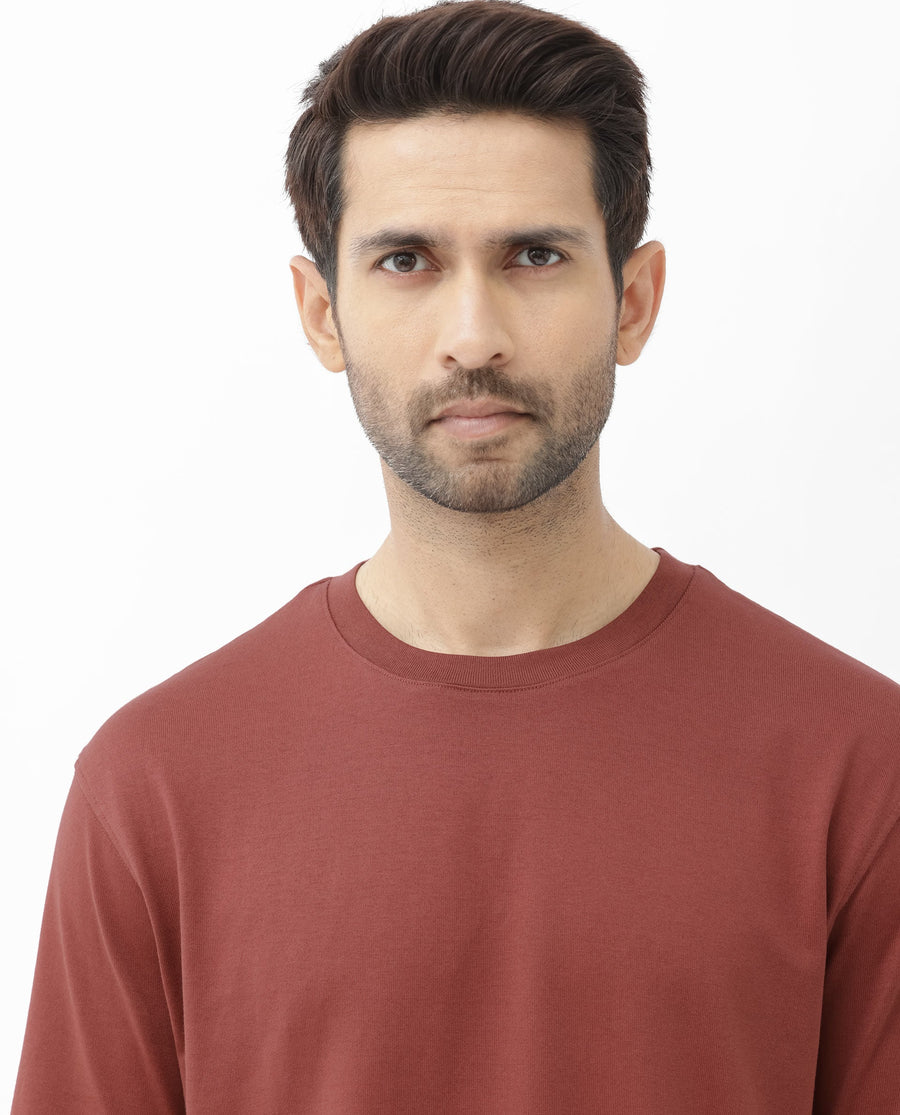 Rare Rabbit Men's Gallos Rust Cotton Plain Oversized Fit Half Sleeve Crew Neck T-Shirt
