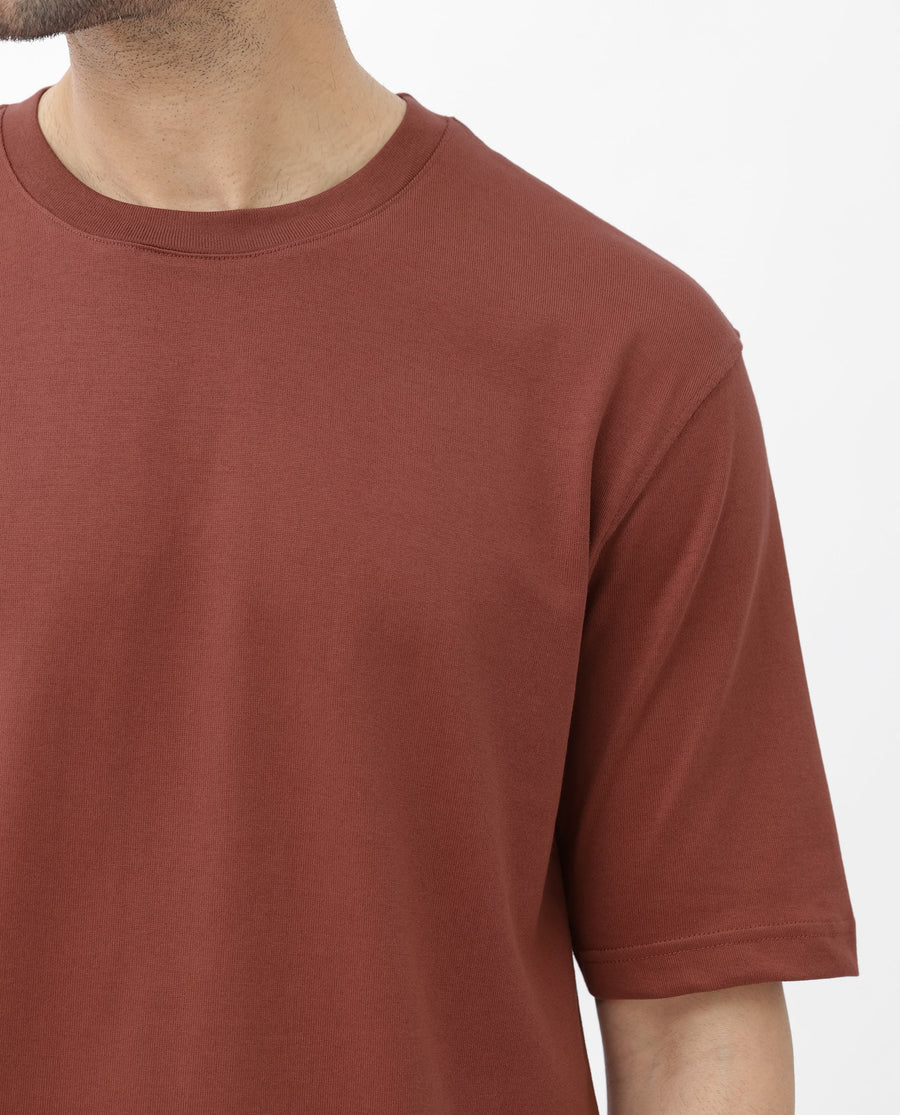 Rare Rabbit Men's Gallos Rust Cotton Plain Oversized Fit Half Sleeve Crew Neck T-Shirt