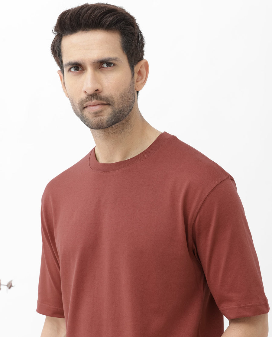 Rare Rabbit Men's Gallos Rust Cotton Plain Oversized Fit Half Sleeve Crew Neck T-Shirt