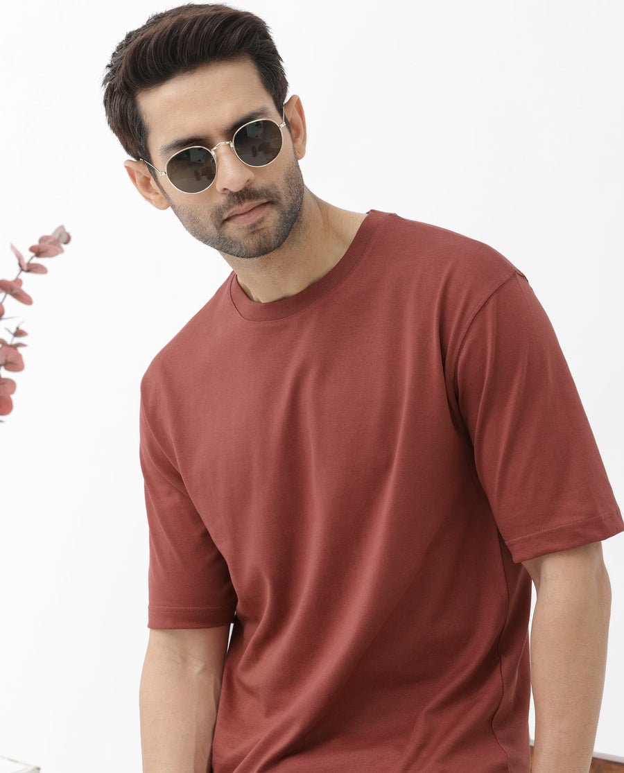 Rare Rabbit Men's Gallos Rust Cotton Plain Oversized Fit Half Sleeve Crew Neck T-Shirt