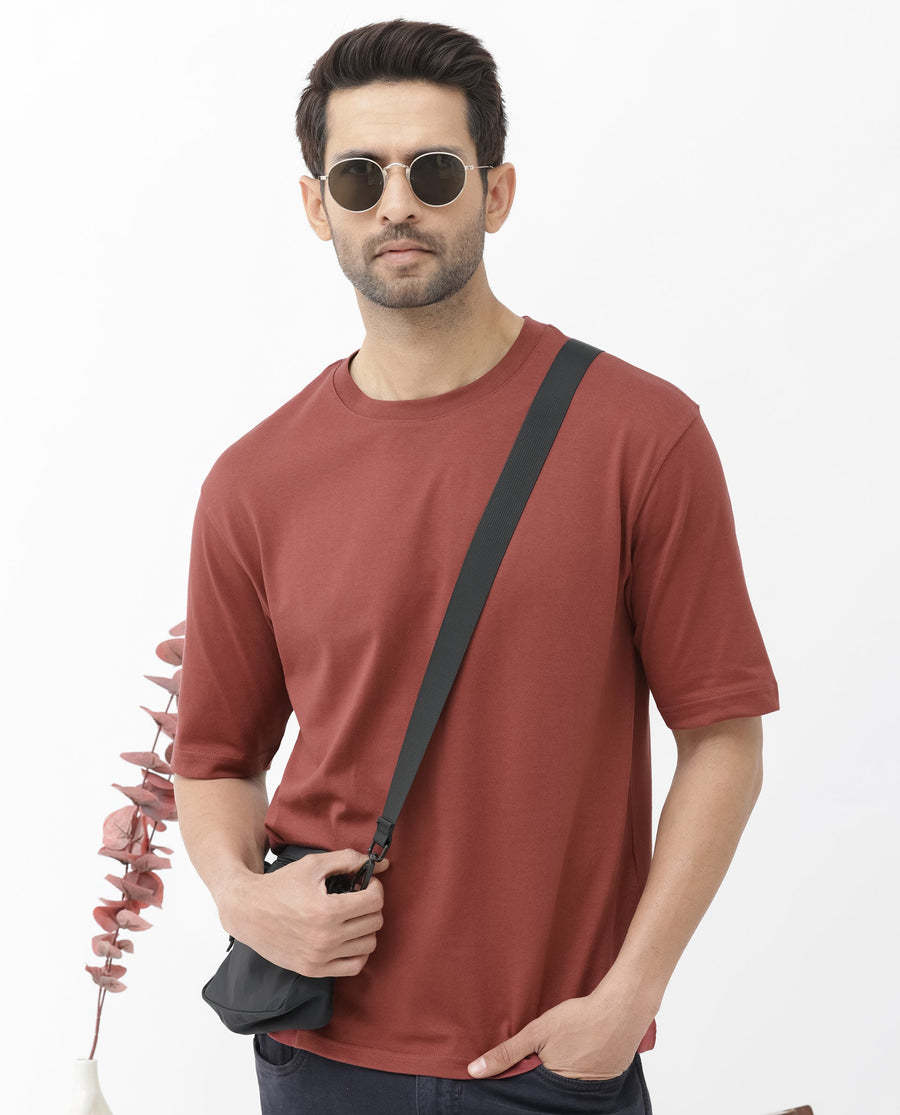Rare Rabbit Men's Gallos Rust Cotton Plain Oversized Fit Half Sleeve Crew Neck T-Shirt