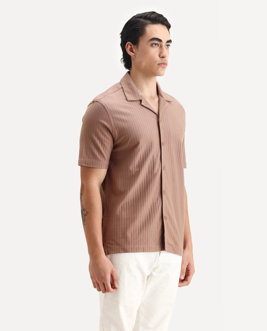 Rare Rabbit Men's Galo Dusky Brown Cotton Plain Relaxed Fit Half Sleeve Cuban Collar Shirt