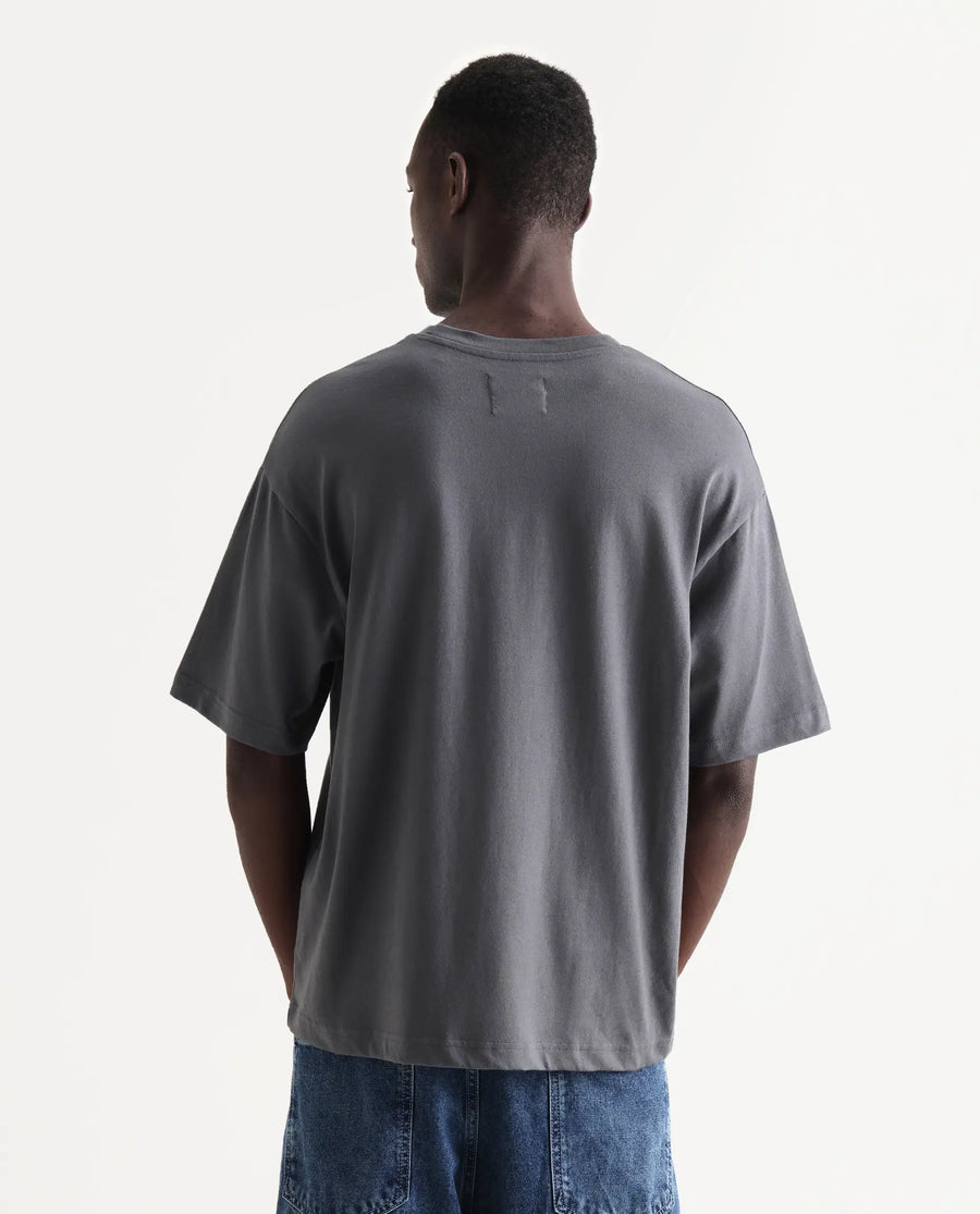 Rare Rabbit Men's Gamo Dark Grey Cotton Embroidered Oversized Fit Half Sleeve Crew Neck T-Shirt