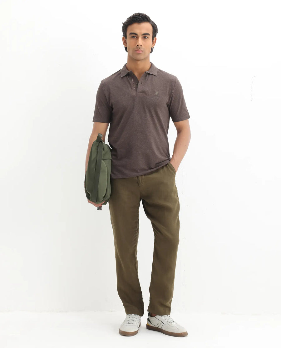 Rare Rabbit Men's Gamor Dark Brown Cotton Blend Plain Regular Fit Half Sleeve Polo