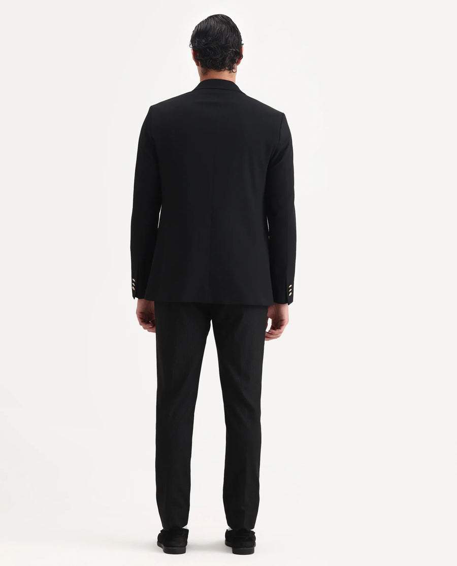 Rare Rabbit Men's Gar Black Polyester Blend Fabric Full Sleeve Lapel Neck Plain Blazer