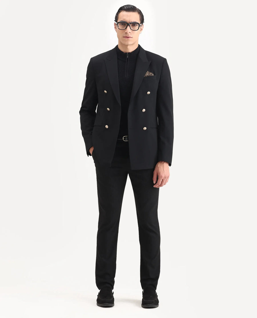 Rare Rabbit Men's Gar Black Polyester Blend Fabric Full Sleeve Lapel Neck Plain Blazer