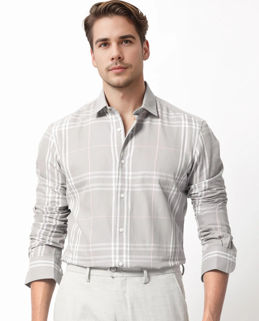 Rare Rabbit Men's Garet Grey Cotton Checked Print Regular Fit Full Sleeve Collared Shirt