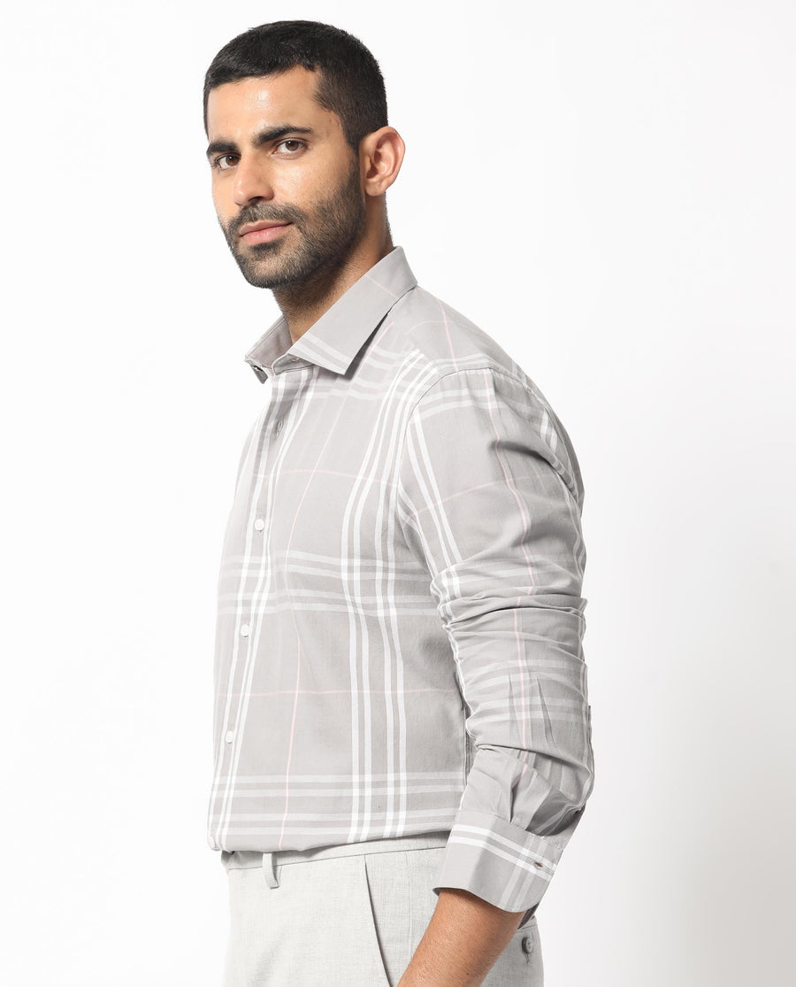 Rare Rabbit Men's Garet Grey Cotton Checked Print Regular Fit Full Sleeve Collared Shirt