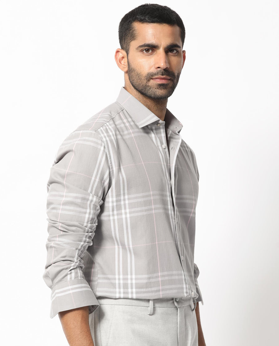 Rare Rabbit Men's Garet Grey Cotton Checked Print Regular Fit Full Sleeve Collared Shirt