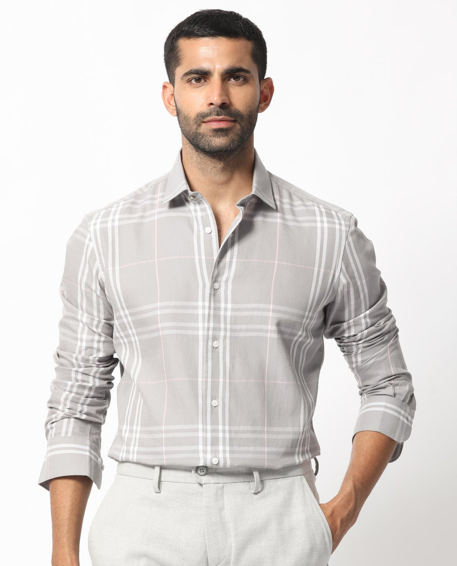 Rare Rabbit Men's Garet Grey Cotton Checked Print Regular Fit Full Sleeve Collared Shirt